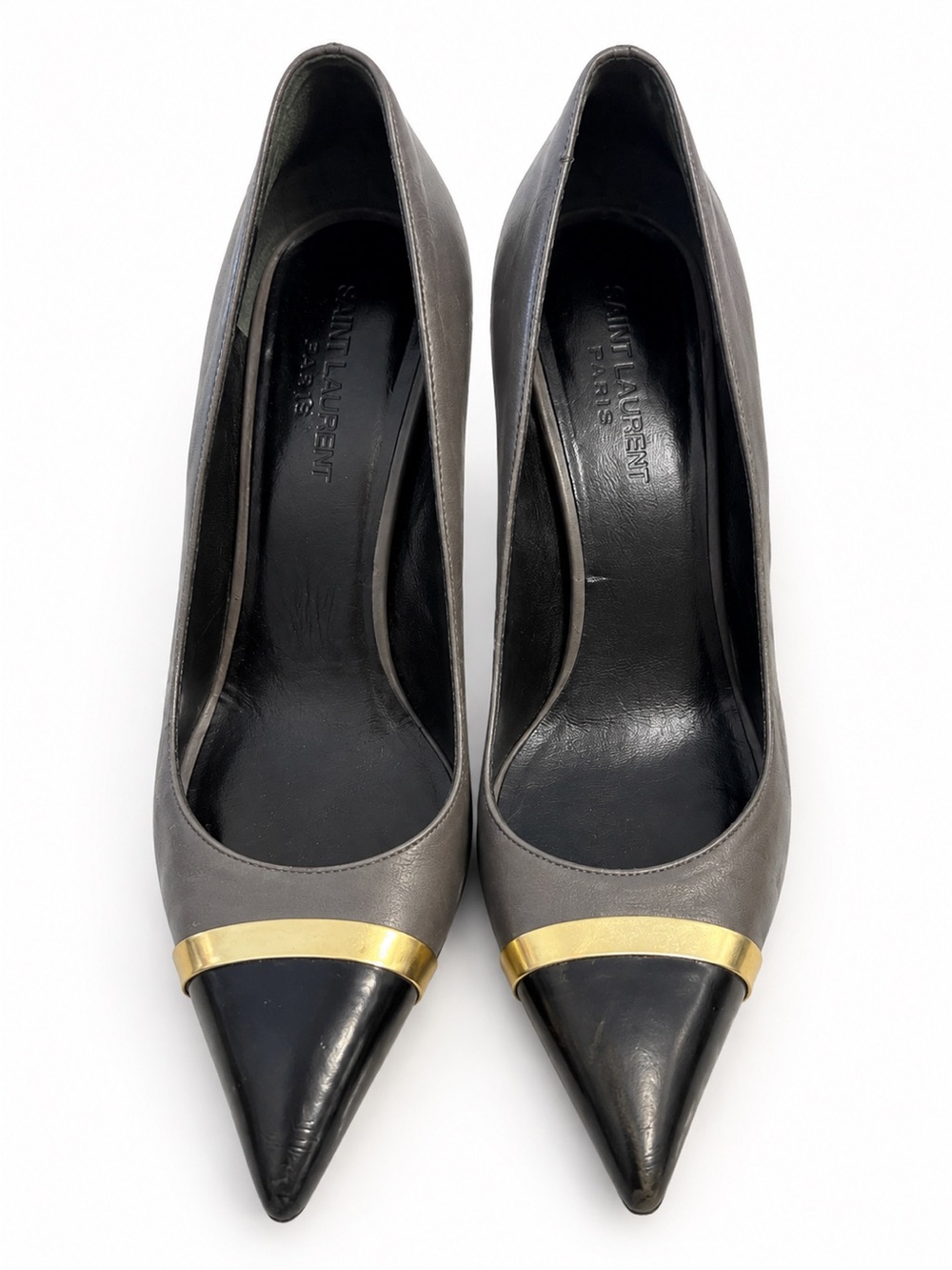Saint Laurent YSL Gray Black Leather Cap Toe Pumps Gold Trim EU 38 US 7.5